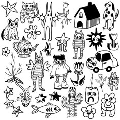 black and white drawing of various cartoon animals, including an owl, fish, cat, dog