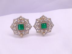 Silver Moissanite Polki With Labmade Emerald Stud Earring, Moissanite Polki Chandbali, Emerald Polki Earring, Wedding Jewellery,Earring Gift *𝐀𝐛𝐨𝐮𝐭 𝐏𝐫𝐨𝐝𝐮𝐜𝐭* Product Code :- TE 1031 Product Type :- Stud Earring Product Weight :- 15.72 Gram Gemstone Used :- Moissanite Polki, Labmade Emerald, Cubic Zirconia  Material :- 925 Sterling Silver, Moissanite Polki, Labmade Emerald, Cubic Zirconia Size :- 3x3 Cm Intricate, hand-crafted, Pure Silver Polki Earrings, studded with high-quality Moissanite Polki comes with Push back, made in 92.5 silver with 22ct gold plating. The product comes with 92.5 silver stamping -Product can be made in gold as well. -If any product is not ready, It takes 2-3 weeks to make in pure silver -We also look forward to Bulk Orders. We shall consider special dis Exquisite Green Diamond Earrings For Wedding, Exquisite Green Diamond Wedding Earrings, Green Hand Set Fusion Earrings, Hand Set Green Fusion Earrings, Green Fusion Bridal Earrings With Hand Set, Festive Wedding Earrings With Stone Setting, Fusion Style Green Bridal Earrings With Matching Set, Green Fusion Style Bridal Earrings With Matching Set, Green Fusion Style Bridal Earrings For Formal Occasions