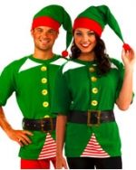 two people dressed in green and red christmas costumes, one is wearing an elf costume