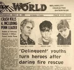 the front page of an old newspaper with pictures of young men