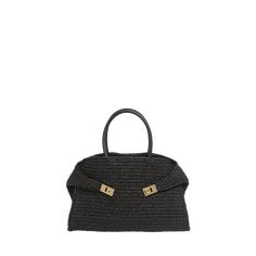 Ferragamo "Hug" top handle bag in crochet raffia and leather  Top handles  Can be worn as a top handle or shoulder bag  Open top with side Gancio buckle straps  Interior, two slip pockets  Feet protect bottom of bag  Approx. 10.2"H x 16.1"W x 7.9"D Made in Italy Luxury Straw Tote Bag With Rolled Handles, Designer Black Straw Bag With Top Handle, Designer Straw Top Handle Bag, Designer Top Handle Satchel With Rolled Handles, Luxury Straw Bag With Top Handle And Detachable Strap, Luxury Natural Shoulder Bag With Rolled Handles, Elegant Straw Bag With Woven Leather And Double Handle, Designer Top Handle Straw Bag With Detachable Strap, Chic Straw Top Handle Bag With Detachable Handle