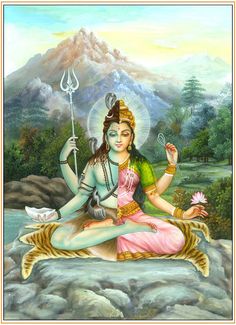 the hindu goddess sitting on top of a tiger in front of mountains and trees, holding a