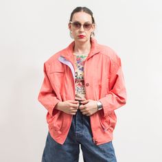 Vintage 80's light oversized jacket in salmon-peach - 2 outer pockets - with a fron zip and additional snaps for extra closure - materials: shell - 65% polyester, 35% cotton; lining - 100% polyester SIZE from the tag: 36 Best fits women: L MEASUREMENTS chest: 51 inches (132 cm) length: 28 inches (71 cm) The model is 5'9" (174 cm), measures 35-27-38 (89-69-96 cm) and typically wears clothing in size M CONDITION - 9/10 - The jacket in great pre-owned vintage condition. Washed, ready to wear. Windbreaker Women, Womens Windbreaker, Fits Women, Oversized Jacket, Style Expert, Womens Jackets, Poland, Ready To Wear, Jackets & Coats