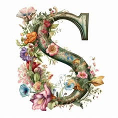 the letter s is made up of flowers and leaves, with an ornate capital g