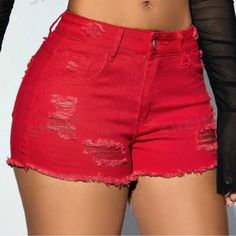 Super Cute And Stylish Ships In 5-10 Business Days Extreme Short Shorts, Red Cheeky Shorts, Tigh Shorts, Trendy Red High Waist Jean Shorts, Casual Red Cutoff Jean Shorts, Red Cotton Cutoff Shorts, Red Jean Shorts With Pockets For Spring, Red Cutoff Bottoms For Summer, Fitted Red Jean Shorts