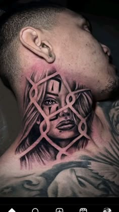 a man with tattoos on his neck and behind him is an image of a woman's face