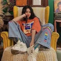 BEST RAINBOW AESTHETIC GIRL PANTS-Cosmique Studio-aesthetic-clothing-store Looks Hip Hop, Y2k Aesthetic Fashion, Aesthetic Clothing Stores, Retro Jeans, Jeans Woman, Rainbow Aesthetic, Looks Street Style, Long Trousers, Summer Vintage