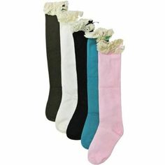 Wrapables Lace Ruffles and Bow Knee High Girl Socks (set of 5) Wrapables Lace Ruffles and Bow Knee High Girl Socks (set of 5) These colorful socks come with lace ruffles at the top and are adorned with a bow. They are perfect for making your little girl look extra cute! Made with a cotton blend for warmth and breathability. Ideal for girls ages 4-8 years. Comes as a set of five pairs of socks with the following colors: white, pink, black, coffee, and turquoise. Listing and template services prov Fashion Apron, Earring Jewelry Box, Turquoise Lace, Lace Tape, Towel Crafts, Black Turquoise, Baby Hair Accessories, Diy Tags, Girls Sweet