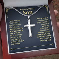 Perfect for special occasions or everyday wear, our artisan-crafted Cross Necklace is a wonderful gift idea for your son. Imagine the look on his face when he opens up this thoughtful gift! Sizing is appropriate for all ages. The artisan crafted detail makes this pendant stand out from other cross necklaces. Includes a luxury adjustable snake chain (18" - 22") and attaches with an easy to use lobster clasp. Cross Necklace Details • Stainless Steel • Adjustable snake chain (18" - 22") • Lobster c Stainless Steel Jewelry Suitable For Gifting, Father's Day Keepsake Engraved Jewelry, Father's Day Engraved Keepsake Jewelry, Spiritual Stainless Steel Necklace For Father's Day, Spiritual Stainless Steel Necklaces For Father's Day, Inspirational Necklace For Father's Day Gift, Inspirational Handmade Necklace For Gift, Inspirational Handmade Necklace Gift, Inspirational Handmade Necklaces For Gifts