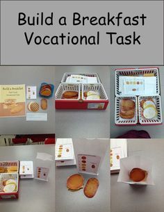 there are several pictures of breakfasts in the box and on the table, with instructions to make them look like they'veggies