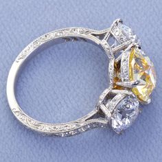 Antique 2.72 Carat Old Mine Fancy Yellow Three Stone Diamond Engagement Ring 8 Tiffany Engagement Ring, Three Stone Diamond Rings Engagement, Three Stone Diamond Ring, Trilogy Ring, Three Stone Diamond, Jewels Rings, Antique Engagement Rings, Diamond Settings, Three Stone Engagement Rings