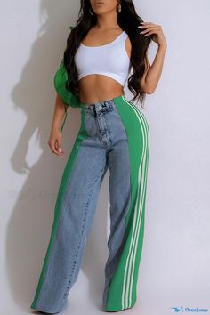 OrcaJump - High-Waisted Loose Denim Jeans with Street-Inspired Color Block Patchwork, Button Details, and Zipper Closure Trendy High Waist Green Flare Jeans, High Rise Green Flare Jeans, Green Wide Leg Denim Bottoms, Green High-rise Flare Jeans, Green High-waisted Denim Bottoms, High Waist Green Denim Bottoms, High Waist Green Denim Flare Jeans, Green Stretch Wide Leg Jeans, Stretch Green Denim Pants