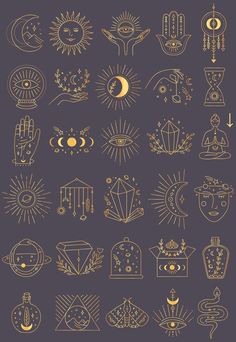 an image of the sun, moon and other symbols in gold on a black background