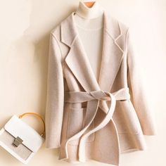 Beautiful Plaid Coat 100% Wool Cream Sweater Coat For Winter Workwear, Beige Winter Cardigan For Work, Beige Wool Sweater Coat For Spring, Spring Wool Sweater Coat In Beige, Elegant Beige Winter Cardigan, Elegant Beige Belted Outerwear, Long Sleeve Beige Wool Coat For Fall, Belted Beige Outerwear For Office, Elegant Brown Sweater Coat For Spring