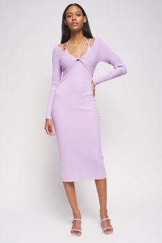 Bailey 44 Connie Sweater Dress in Lilac - front full view Stretch Midi Dress For Brunch, Spring Evening Ribbed Midi Dress, Spring Evening Midi Dress, Ribbed, Summer Evening Ribbed Midi Dress, Chic Ribbed Dress For Formal Occasions, Elegant Ribbed Maxi Dress For Date Night, Elegant Ribbed Evening Dress, Trendy Stretch Sweater Dress Midi Length, Trendy Evening Midi Dress For Fall