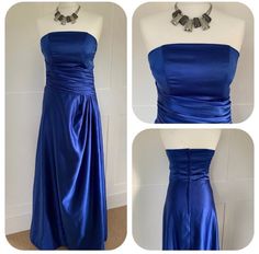 "Fabulous, vintage cobalt blue fully lined satin full length strapless dress.  With boned bodice which has beautiful diagonal ruching across the waist, the skirt has slight pleating to one side of the hip, rear zip. UK Size 12 Bust: 36\" Waist: 29\" Hips: 38\" Please note, all our items are at least 20 years old, and whilst every care has been taken to ensure any defects or imperfections have been listed, they are all pre-loved and may show some signs of their age. All sales are final, no returns or refunds." Formal Strapless Dress With Satin Finish And Fitted Bodice, Strapless Satin Finish Evening Dress For Formal Occasions, Formal Strapless Dress With Satin Finish, Royal Blue Satin Evening Dress For Prom Season, Royal Blue Satin Prom Evening Dress, Blue Strapless Evening Dress For Formal Occasions, Formal Blue Strapless Evening Dress, Blue Satin Strapless Dress For Prom, Blue Strapless Dress With Ruched Bodice For Prom