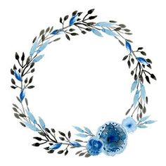 a watercolor wreath with blue flowers and leaves