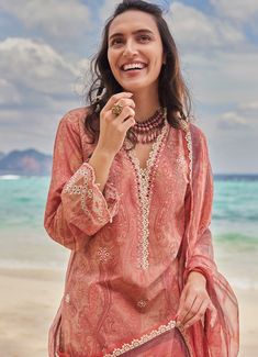 Elegant Summer Unstitched Suit With Printed Motifs, Elegant Pink Printed Set, Elegant Printed Dupatta For Eid, Elegant Sets With Printed Motifs For Festivals, Printed Lawn Suit For Festivals, Festive Printed Lawn Suit For Wedding, Printed Lawn Suit For Wedding Festivals, Printed Lawn Suit For Wedding And Festivals, Bohemian Unstitched Suit For Diwali