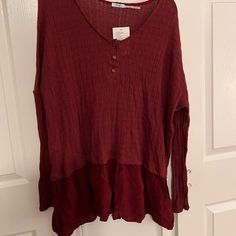 Dark Red Knit Red Knit Top For Fall, Casual Red Summer Sweater, Casual Burgundy Cotton Sweater, Trendy Textured Knit Red Tops, Chic Red Knit Top For Fall, Red Long Sleeve Knit Top For Spring, Red Casual Top For Layering, Casual Red Knit Top, Red Bohemian Top For Winter