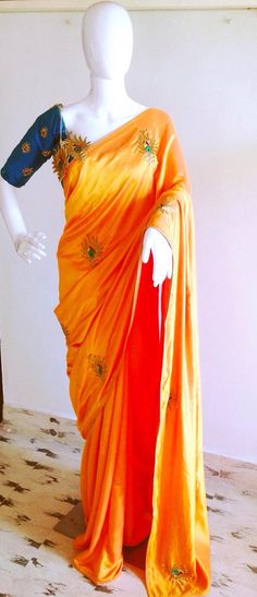 Orange semi raw silk saree with  hand embroidered peacock and unstitched blue green raw silk blouse Embroidered Peacock, Matching Embroidery, Raw Silk Blouse, Orange Saree, Raw Silk Saree, Blouse Fabric, Raw Silk, Petticoat, Silk Blouse