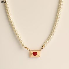 Love Letter Necklace LIN32 - mkkawaiishop Envelope Necklace, Design Light, Jewelry Model, Valentines Jewelry, Vintage Heart, Love Letter, Letter Necklace, Pearl Chain, Chain Choker