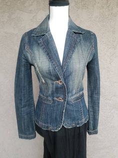 "PRE LOVED Upcycled denim vest with huipil from Guatemala, huipil is 100% handmade by Mayan women. The huipil is made with 100% cotton, Silk and organic dye. Size S Approximate Measurements Shoulder 14.5\" Waist 34\" around Lenght 22\" Sleeves 223\" long 14\" wide Be aware that this is a handmade piece, small imperfections are part of this art piece." Fitted Distressed Cotton Outerwear, Indigo Washed Cotton Denim Jacket, Washed Indigo Cotton Denim Jacket, Washed Indigo Denim Jacket In Cotton, Stonewashed Dark-wash Cotton Outerwear, Fitted Medium Wash Blazer For Spring, Fitted Dark Wash Recycled Denim Outerwear, Fitted Casual Denim Jacket In Recycled Denim, Fitted Recycled Denim Outerwear With Pockets