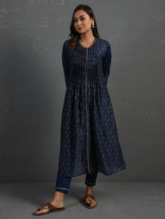 Indigo Block Printed Handwoven Pintuck Chanderi Kurta with Mul Slip & Pants (Set of 3) By The Neem Tree now available at Trendroots