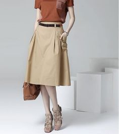 A-line Pockets Khaki and Black Button Midi Skirt | Best price | Free shipping! | Check it now! | Line Skirt Outfit, Khaki Shirt Dress, Button Midi Skirt, Cheap Fashion Dresses, Plain Skirt, Green Evening Dress, Khaki Shirt, Beige Skirt, Evening Dresses With Sleeves