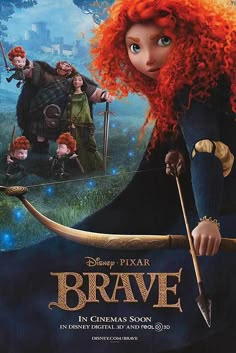 the brave movie poster with red hair and blue eyes, holding an arrow in her hand