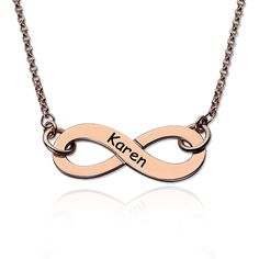 Engraved Rose Gold Plated Infinity Name Necklace Infinity Jewelry Personalized Infinity Rose Gold Jewelry, Personalized Rose Gold Infinity Jewelry, Personalized Rose Gold Metal Necklace, Rose Gold Name Necklace In Metal, Rose Gold Metal Necklace With Name Detail, Rose Gold Metal Name Necklace As Gift, Rose Gold Metal Name Necklace For Gift, Rose Gold Metal Name Necklace Gift, Infinity Metal Necklace For Gifts