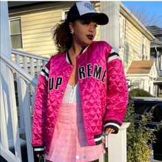 Pink Supreme Ss17 Quilted Satin Varsity Jacket So So So Cute And In Perfect Condition #Hype #Street #Wear Nike Supreme Stussy Bape Off-White Kith Satin Varsity Jacket, Varsity Jacket, Mens Jackets, Jackets & Coats, Man Shop, Street Wear, Off White, Satin, Nike