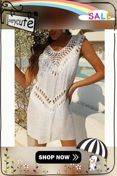 White Splicing Crochet V Neck Sleevelss Beach Cover Dress Crochet V Neck, Dress Swimwear, Swimwear Beach, Dress Cover, Beach Covers, Beach Dresses, Shop Now, V Neck, Crochet