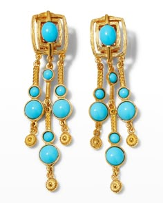 Ben-Amun earrings Approx. 3.5"L 24-karat gold plated brass Round and oval glass stones For pierced ears Made in USA Turquoise Earrings Dangle, Necklace Ring, Stylish Jewelry, Turquoise Gemstone, Fine Jewellery Earrings, Pierced Ears, Turquoise Jewelry, Vintage Earrings, Gemstone Earrings