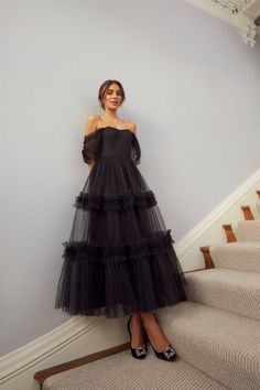 Black Romantic Dress, Tulle Gown With Sleeves, Draped Corset, Lydia Millen, Black Tie Wedding Guest Dress, Dramatic Silhouette, Tiered Tulle Skirt, Romantic Dresses, Black Ruffle Dress