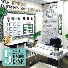 the office is decorated in green and white