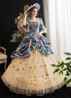 Rococo Style Ball Gown For Theater, Rococo Ball Gown For Theater, Vintage Baroque Gown For Costume Party, Victorian Baroque Dresses For Theater, Blue Baroque Vintage Dress, Blue Vintage Baroque Dress, Vintage Blue Baroque Dress, Elegant Baroque Dresses For Theater, Baroque Ruffled Dress For Theater