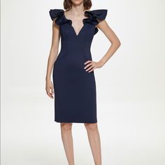 New With Tags, Retails New For $148. Eliza J Women's Sleeveless Dress With Ruffle Detail In Navy. Size 4. Perfect For A Gala Or To Wear To A Wedding. You And This Elegant Cocktail Dress Must Be Soulmates! The Sheath Fit Piece Boasts Structured Seaming, A Flattering Knee-Length Hem, And A Plunging Neckline Framed By Dramatic Ruffled Shoulders. Description: Hidden Back Zip Closure. 90% Poly, 10% Spandex Imported Dry Clean From A Pet Free And Smoke Free Home. Blue Sleeveless Evening Dress With Ruffles, Elegant Blue Ruffled Sleeveless Dress, Elegant Blue Sleeveless Dress With Ruffles, Blue Knee-length Sleeveless Cocktail Dress, Floral Dresses With Sleeves, Elegant Cocktail Dress, Stretch Knit Dress, Womens Sheath Dress, Eliza J Dresses