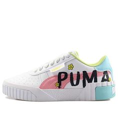 (Kids) PUMA Cali Novelty 'Flower' 374283-01 (SNKR/Skate/Light/Low Top/Women's) Spring Letter Print Lace-up Sneakers, White Skate Shoes With Letter Print, White Skate Shoes With Letter Print And Round Toe, Sporty Skate Shoes With Letter Print And Round Toe, Sporty Spring Skate Shoes With Round Toe, Sporty Spring Skate Shoes, Spring Skate Shoes With Round Toe For Sports, White Lace-up Skate Shoes With Letter Print, White Letter Print Lace-up Skate Shoes