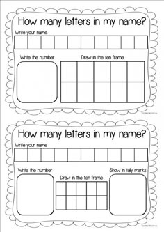 two worksheets with the words how many letters in my name?