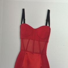 Available In Us 6 And 8. Dress Cady Tulle Satin Paneled Zip Fastening Along Back Internal Boning Fully Lined Mid-Weight, Non-Stretchy Fabric Dry Clean Made In Italy 43% Viscose 32% Polyamide 19% Acetate 6% Elastane Red Mini Dress With Spaghetti Straps And Fitted Bodice, Red Corset Dress With Sweetheart Neckline And Boning, Red Fitted Dress With Boned Bodice, Red Strapless Dress With Boned Bodice, Elegant Evening Dress With Lined Body, Red Corset Dress With Lined Fitted Bodice, Red Corset Dress With Lined Bodice, Red Strapless Dress With Boning, Red Fitted Bodice Dress With Boning