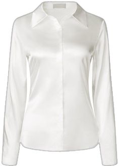 Sleek Satin Button-up Blouse, Classic White Satin Blouse, Elegant Satin Shirt With Button Closure, Sleek Satin Blouse With Button Closure, Fitted Satin Top With Button Closure, Sleek Satin Collared Shirt, Sleek Collared Satin Shirt, Elegant Satin Button-up Blouse, Elegant Slim Fit Blouse For Office