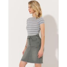 Treat yourself to the classic feel of this denim skirt with a raw hem, and washed details. With slim fit and pencil style details, this knee-length skirt features classic five pockets, a frayed hem, comfy fabric, and a raw-cut hem for your cuteness. Perfectly pair it with your simple dots T-shirt or sandals to complete your fashion look. Knee Length, cute and comfortable, suitable for spring, and summer. Casual High Waist Cotton Pencil Skirt, Casual Short Pencil Skirt For Summer, Casual Short Length Pencil Skirt For Summer, Casual Short Summer Pencil Skirt, Casual Fitted Denim Pencil Skirt, Casual High Rise Cotton Pencil Skirt, Casual High-rise Cotton Pencil Skirt, Fitted Cotton Denim Skirt With Frayed Hem, Casual High Rise Pencil Skirt For Spring