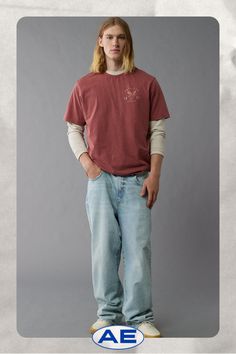 Soft knit cotton/Chest and back graphics | Branded/Left chest pocket/Straight hem/Tagless comfort Relaxed Fit Faded Cotton Top, Oversized Casual T-shirt For Gatherings, Faded Cotton Top With Relaxed Fit, Relaxed Cotton T-shirt For Streetwear, Casual Oversized Faded Tops, Casual Everyday Faded Tops, Faded Casual T-shirt With Screen Print, Faded Casual T-shirt With Relaxed Fit, Faded Crew Neck Casual Top