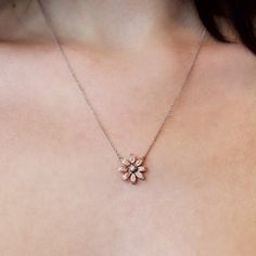 Diamond Flower Pendant This pave diamond flower necklace blooms on anyone who wears it. Set in feminine rose gold. .35tw diamonds, 16" chain. Delicate Rose Gold Diamond Necklace With Flower Pendant, Rose Gold Diamond Necklace With Flower Pendant, Rose Gold Flower Charm Necklace, Diamond Flower Necklace, Diamond Flower Pendant, Diamond Flower, Ring Collections, Flower Pendant, Unique Engagement Rings