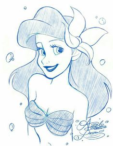 the little mermaid from disney's princess ariel, drawn in blue and white pencil