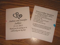 two wedding program cards on a table with the names and date printed on them,