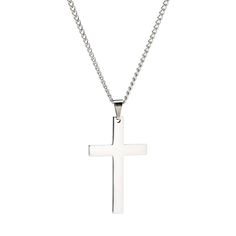 Details: Cross pendant necklace Highly polished finish Made of stainless steel and titanium Size: One size fits all Chain length up to 24" Pendant size: 2.0" by 1.2" Nickel-free Silver Stainless Steel Necklace, Stainless Steel Cross Necklace With Clavicle Chain, Nickel Free Stainless Steel Pendant Necklace, Stainless Steel Cross Pendant Clavicle Necklace, Stainless Steel Pendant Necklace With Silver Chain, Modern Stainless Steel Necklace With Polished Finish, Minimalist White Gold Stainless Steel Necklace, Modern Silver Necklace With Cross Pendant, Stainless Steel Pendant Cross Necklace For Gift