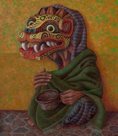 a painting of a woman holding a cup in her hand and wearing a green shawl