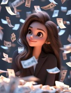 an animated woman surrounded by money falling from the sky