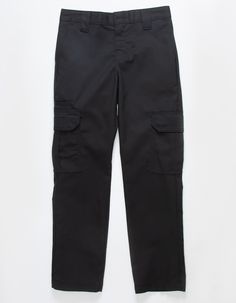 Dickies Cargo Pants. Slim Fit. Straight Leg. Flex Fabric For Ease Of Movement And Durable Light Weight Construction. Wrinkle Resistant. Easy Care Stain Release. Belt Loop Waist. Expandable Cargo Pocket And Multi-Use Cell Phone Pocket. Slant Hand Pockets. Dickies Label On Back Right. Back Welt Pockets With One Button Closure On Left. Button Waist. Zip Fly. Approx. Inseam: 25''. 65% Polyester, 35% Cotton. Machine Wash. Imported. | Dickies Boys Cargo Pants Boys Cargo Pants, Dickies Cargo Pants, Flannel Sweatshirt, Open Knit Sweater, Cargo Pocket, Boy Tees, Sweaters And Jeans, Corduroy Jacket, Jogger Sweatpants